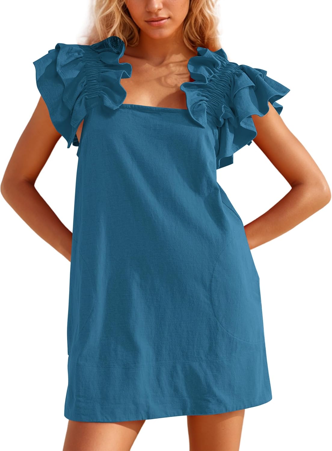 Summer Square Neck Mini Dress for Women Ruffle Sleeve Backless Short Shift Dress Solid Off The Shoulder Tunic Dresses