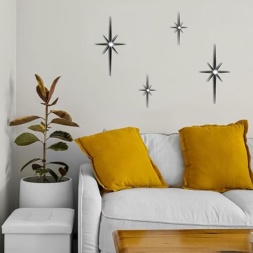 Miniatura 2 de 4 piezas de escultura de pared de arte de estrella de metal, decoración de pared de explosión de estrella de 8 puntas, diamantes brillantes de