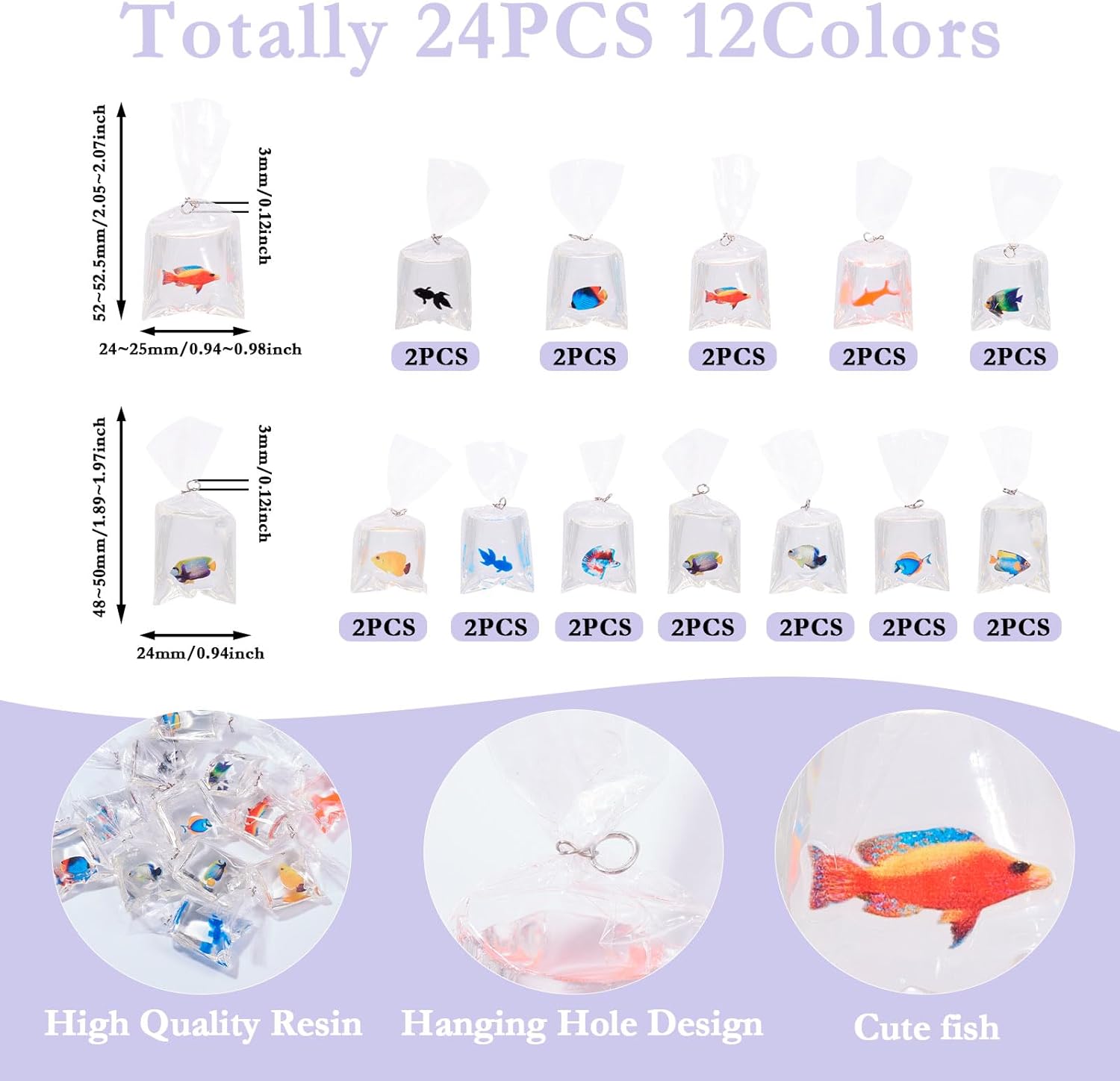 Cheriswelry 24Pcs Resin Goldfish Charms Fish Bag Dangle Big Pendant Ornament 48-52.5mm for DIY Crafts Earrings Keychain Necklace Jewelry Making