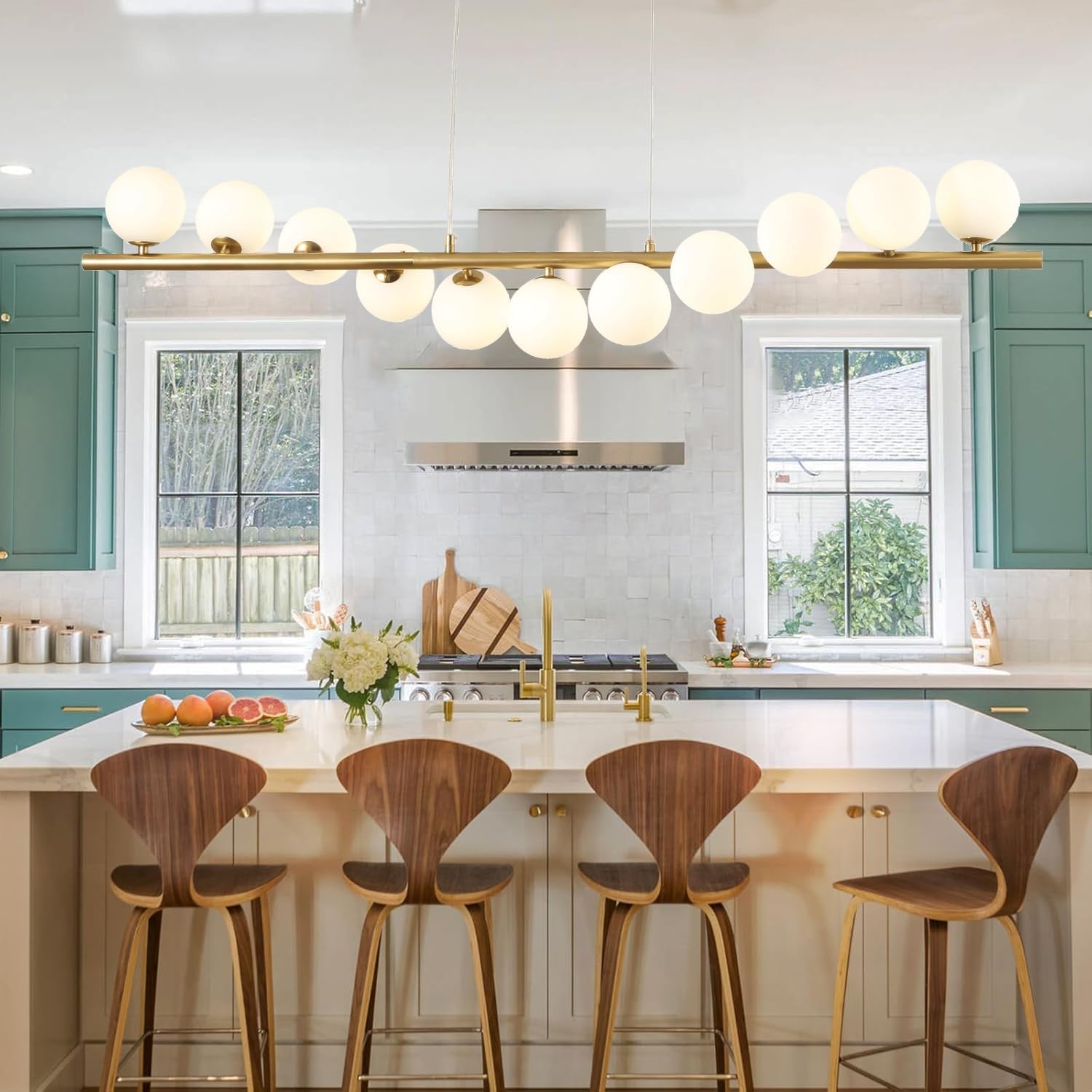 Glass Globe Chandelier,11-Light Sputnik Linear Chandeliers with Milk White Glass Globe Bubble Pendant Light for Dining Room and Kitchen Island, Mid Century Light Fixture Over Table