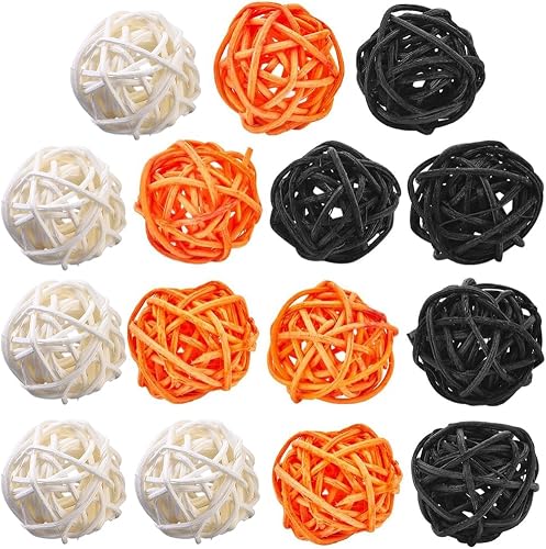 SUNNYCLUE 36Pcs 3 Colors Halloween Rattan Balls Woven Decor Balls Wicker Hanging White Dark Orange Black Bowl Vase Filler Ornaments for Halloween Tree Wall Wedding Table Coffee Party DIY Decoration