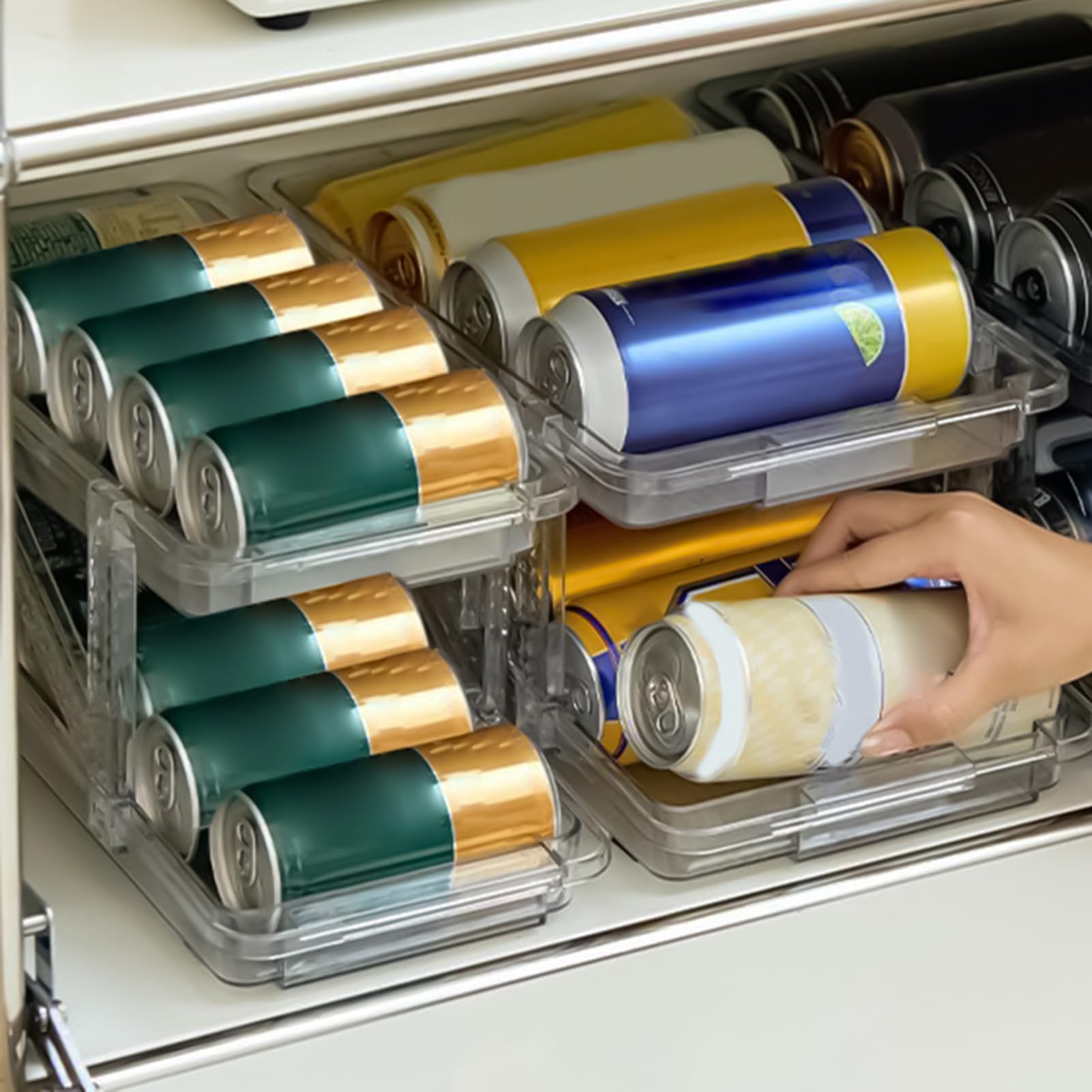 Organizzatore Pieghevole per lattine di Soda, Porta Frigorifero | Contenitore Bevande con Ruote Regolabili e Automatiche, succhi, Acqua, Latte, tè, Cucina, dispensa, Camper, Bar, c