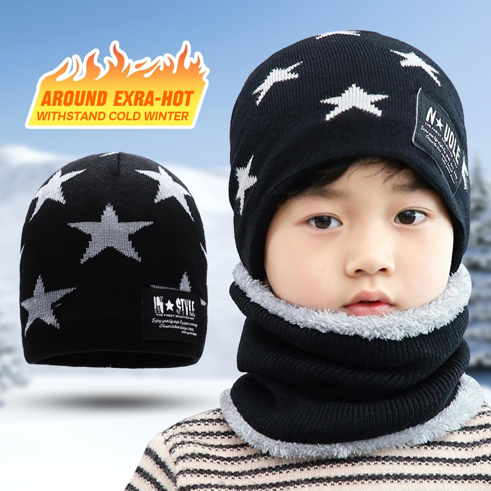 Ensemble Bonnet et Cache Cou, Tour de Cou pour Garçon Fille, Bonnet Garçon avec Snood d'hiver, Écharpe à Doublure Polaire pour Enfant (FR/ES, Alpha/lettres, L, gris)