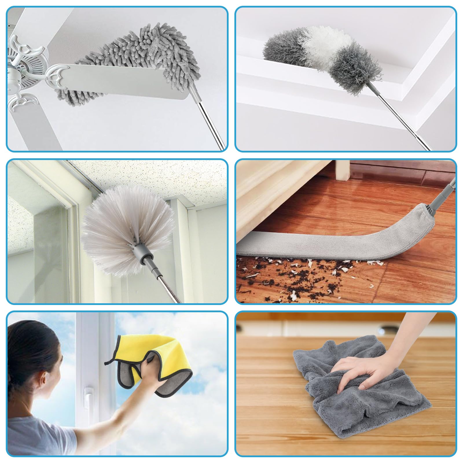 Kit de plumero de microfibra de 27 piezas con poste de extensión de 30 a 100 pulgadas y trapeador limpiador de pared, lavable y flexible para limpiar ventiladores de techo, techos altos,