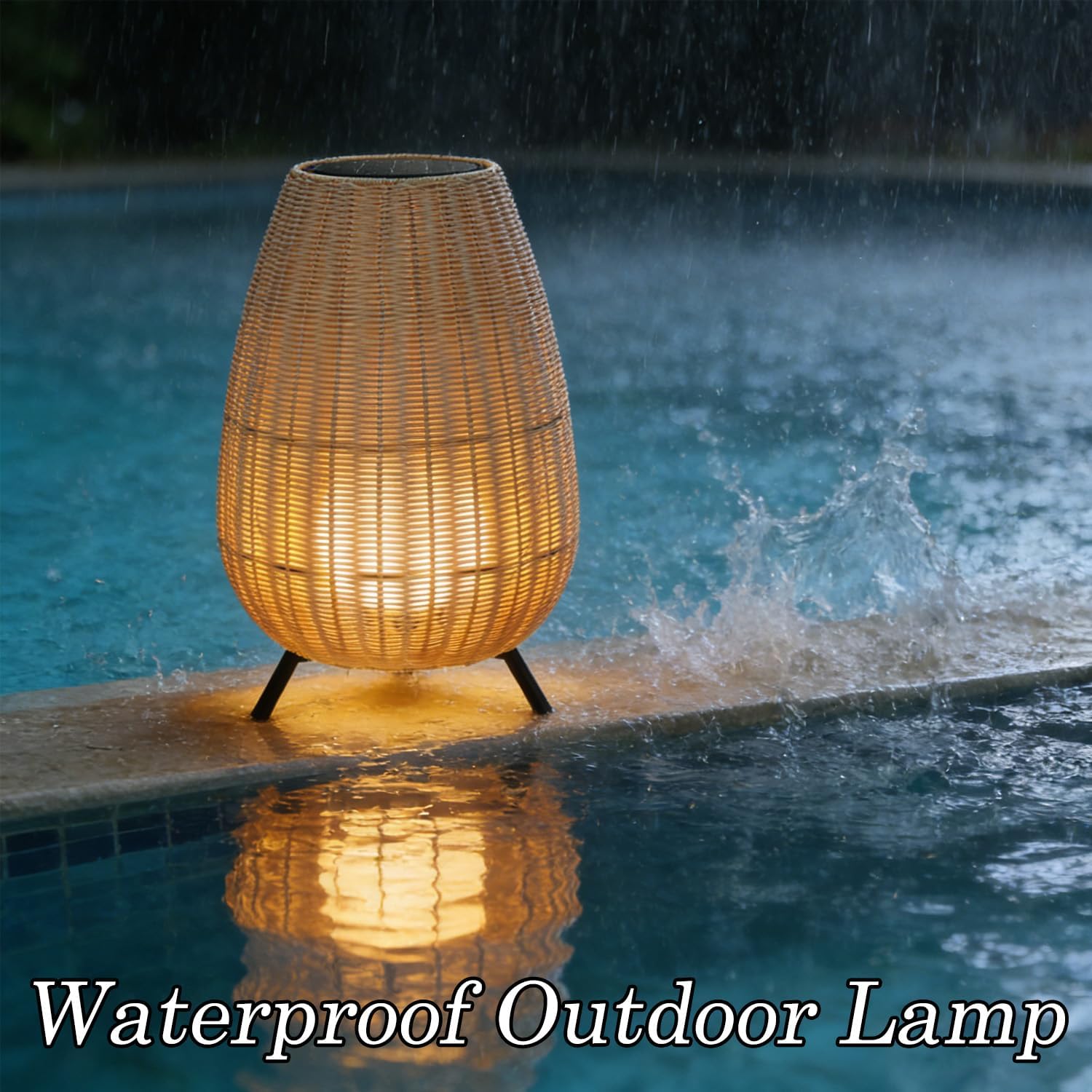 MIXL-Beige Shade Outdoor Floor Lamp,Waterproof Solar Lamp with Rattan Lampshade,Solar Lights Camping,Modern Outdoor Lighting for Yard Patio