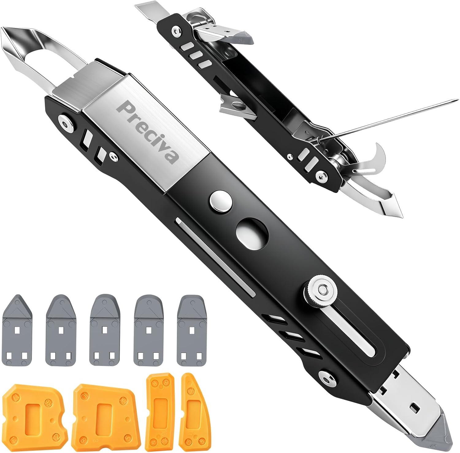 Preciva 6-in-1 Stainless Caulk Tool w/ 5 Pads, Hook & 4 Blades