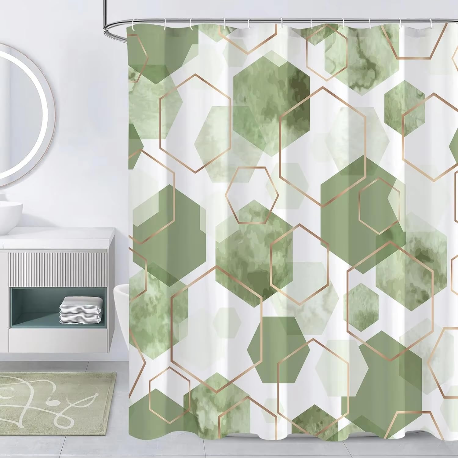 KELAIMI Geometric Shower Curtains,Gold Geometric Modern Luxury Polyester Bathroom Curtain - Waterproof Fabric Bathtub Curtain with Hooks Green 200X240Cm