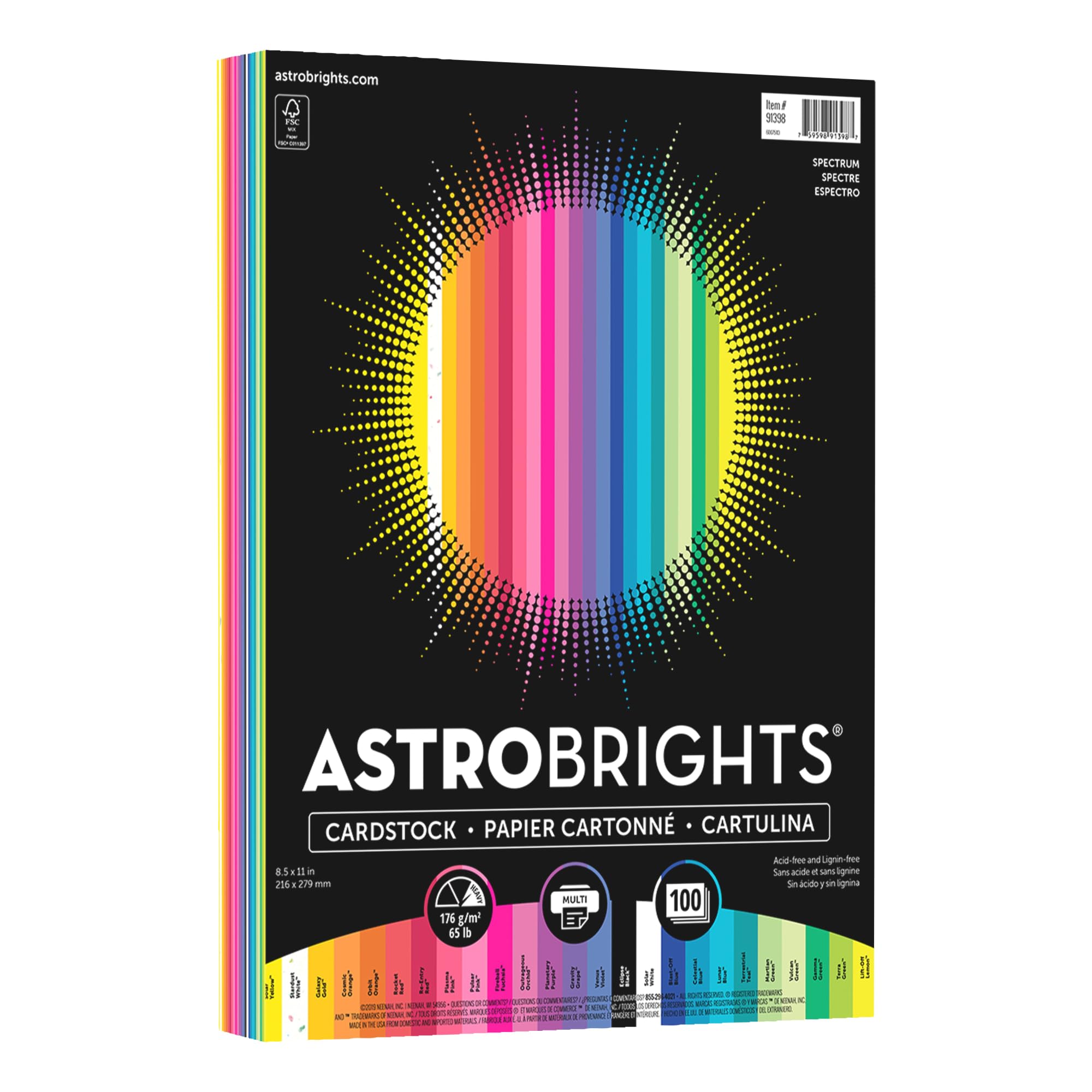 Astrobrights(r) Color Card Stock, Assorted Colors, Letter (8.5" x 11"), 65 Lb, Pack Of 100