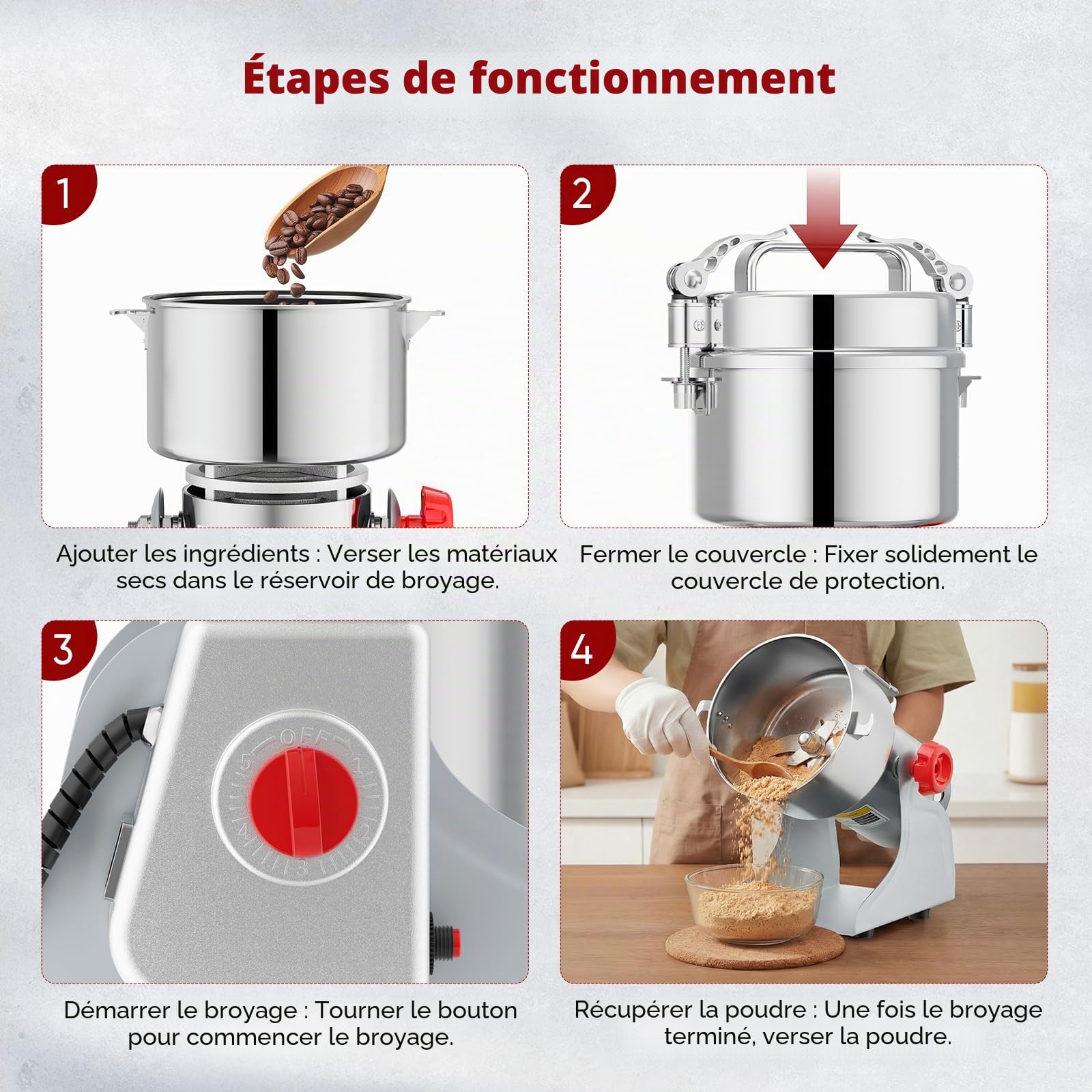 Moulin à grains portable 220 V, broyage par secousses, meuleuse haute vitesse pour poudre, détection d'ouverture du couvercle, pour herbes/épices/noix/céréales, protection contre surcharge (500g)