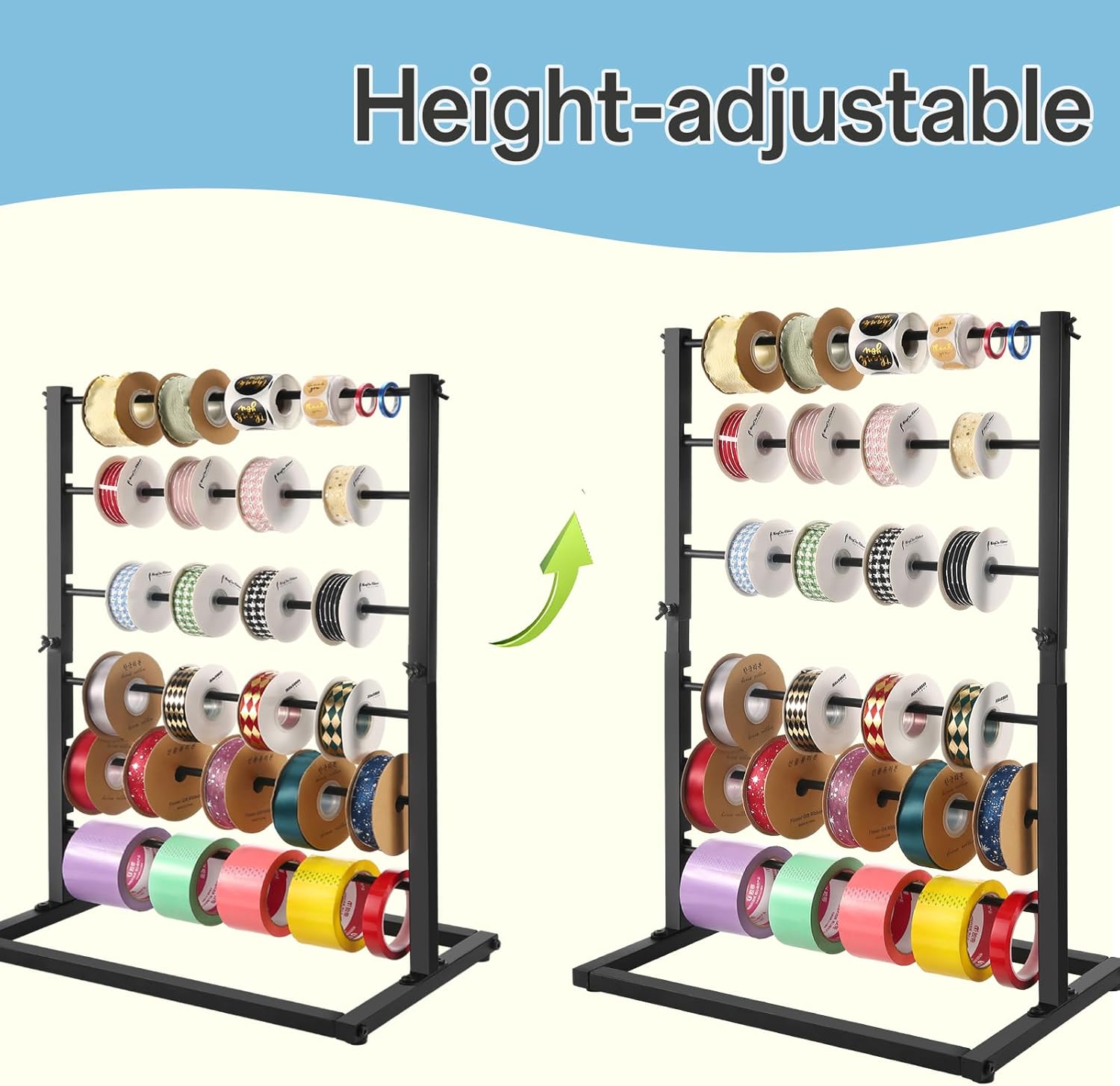 6 Tier Ribbon Organizer Rack - Metal Large Capacity Ribbon Holder for Craft Ribbon Washi Tape Arts & Crafts Supplies, Ribbon Storage Ribbon Rack for Craftroom, Florist Arts Wrapping, Cake Shop(White)