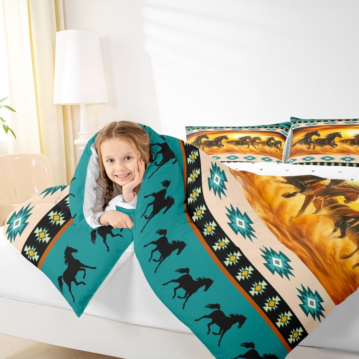 Feelyou Horse Bedding Set Queen Size Galloping Horse Comforter Set for Kids Boys Girls Decor Southwestern Aztec Boho Rustic Wild Western Farm Green Duvet Quilt Breathable Soft Bedroom Decor 3Pcs