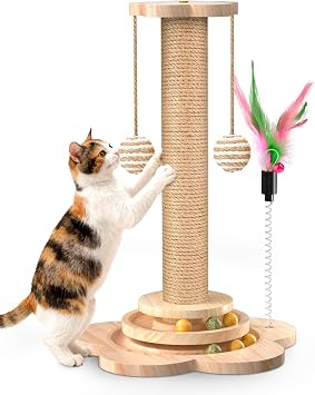 Cat Scratching Post, Scratcher Pole for Indoor Cats Tree Tower | Interactive Ball Toys & Feather, Natural Sisal, Small Kitten Scratch Play with Solid Wooden Base Easy Assembly(46cm Tall)