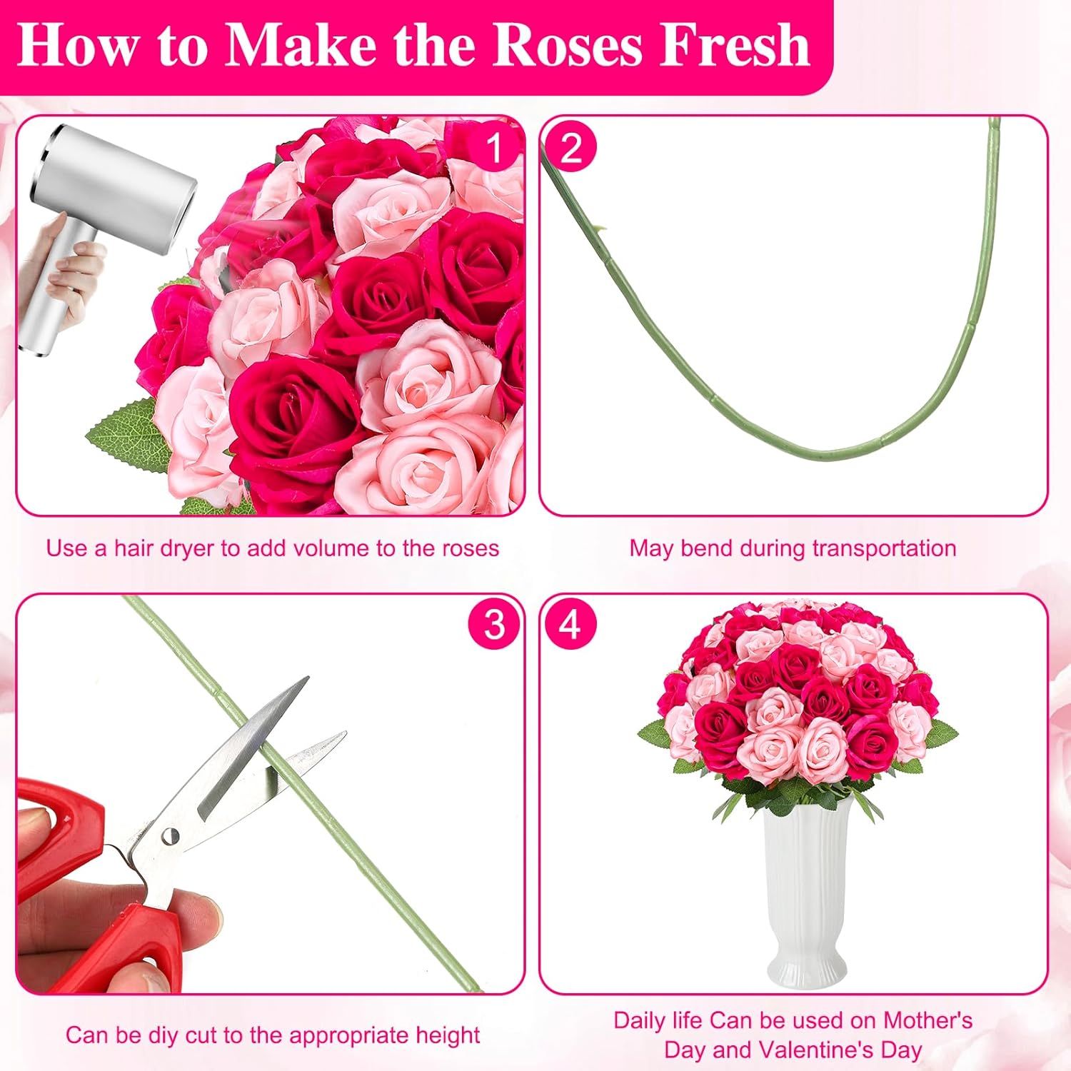 80 Pcs Roses Artificial Flowers, Silk Hot Pink & Light Pink Artificial Flowers Petals Long Stem Roses for St Patricks Day Home Party Decor - Image 2