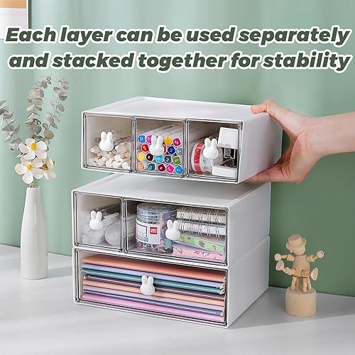 Miniatura 5 de Organizador de escritorio de plástico con cajones, organizador de escritorio con cajones, organizador de cajones de 3 niveles con 6 cajones, cajones
