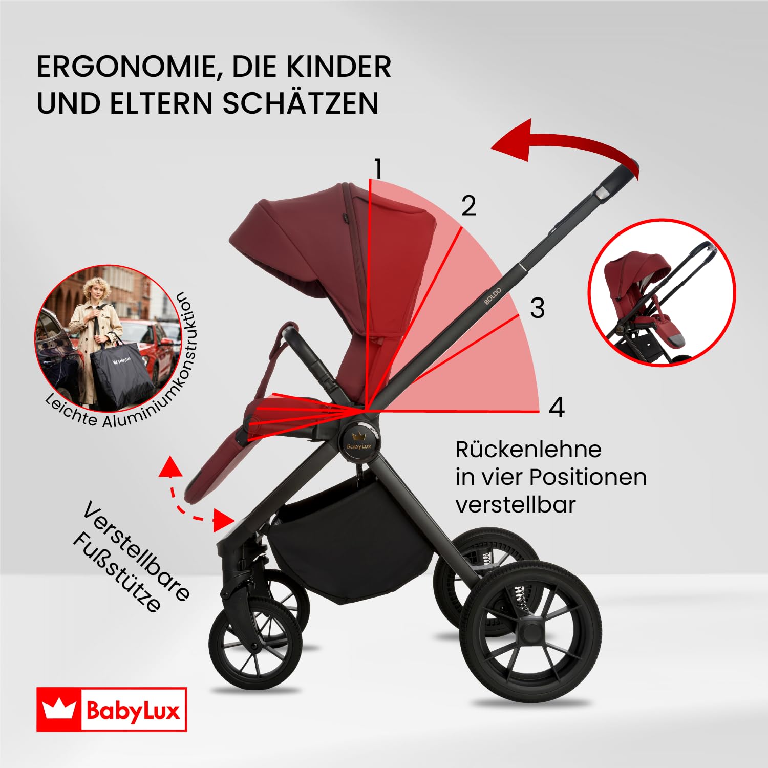 BabyLux® Kinderwagen 4in1 Set BOLDO, Faltbar Leicht Kombikinderwagen Set | incl. Babywanne, Reisebuggy, Kindersitz i-Size, Auto Basisstation, 4 Liegepositionen, 0-22kg, UV Schutz 50+, Vollgummireifen