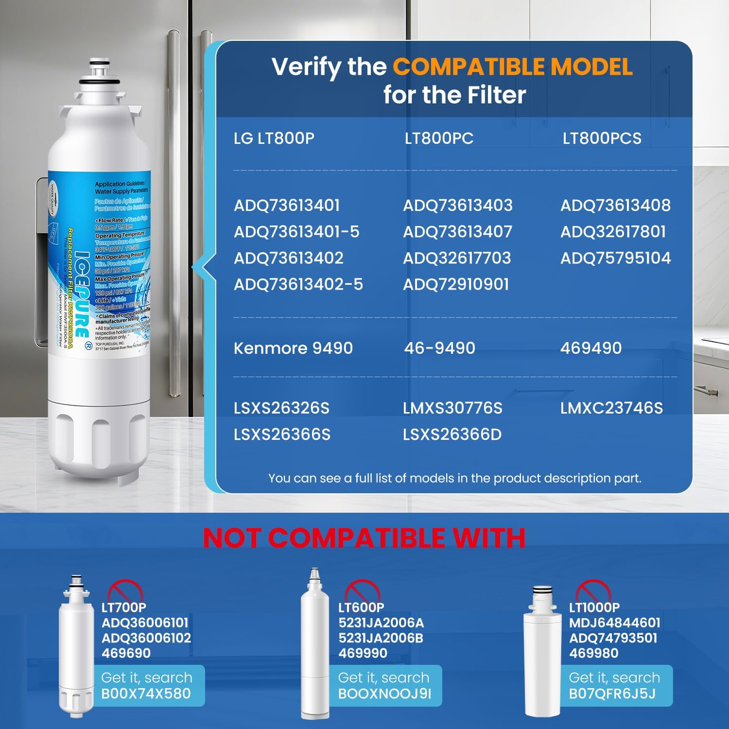 ICEPURE ADQ73613401 Refrigerator Water Filter Compatible with LG LT800P, LT800PC, ADQ736134, ADQ73613402, ADQ75795104, Kenmore 9490, LSXS26326S, LMXC23746S, LMXC23746D, LSXS26366S, RWF3500A, 3 PACK Standard 3 Count (Pack of 1)