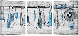 KREATIVE ARTS 3-Piece Vintage Fishing Rod Canvas Wall Art Set, Blue and Grey Nautical Decor, Rustic Fish and Hook Painting for Cabin, Coastal Freshwater Artwork, 12x16'' Each, Ready to Hang