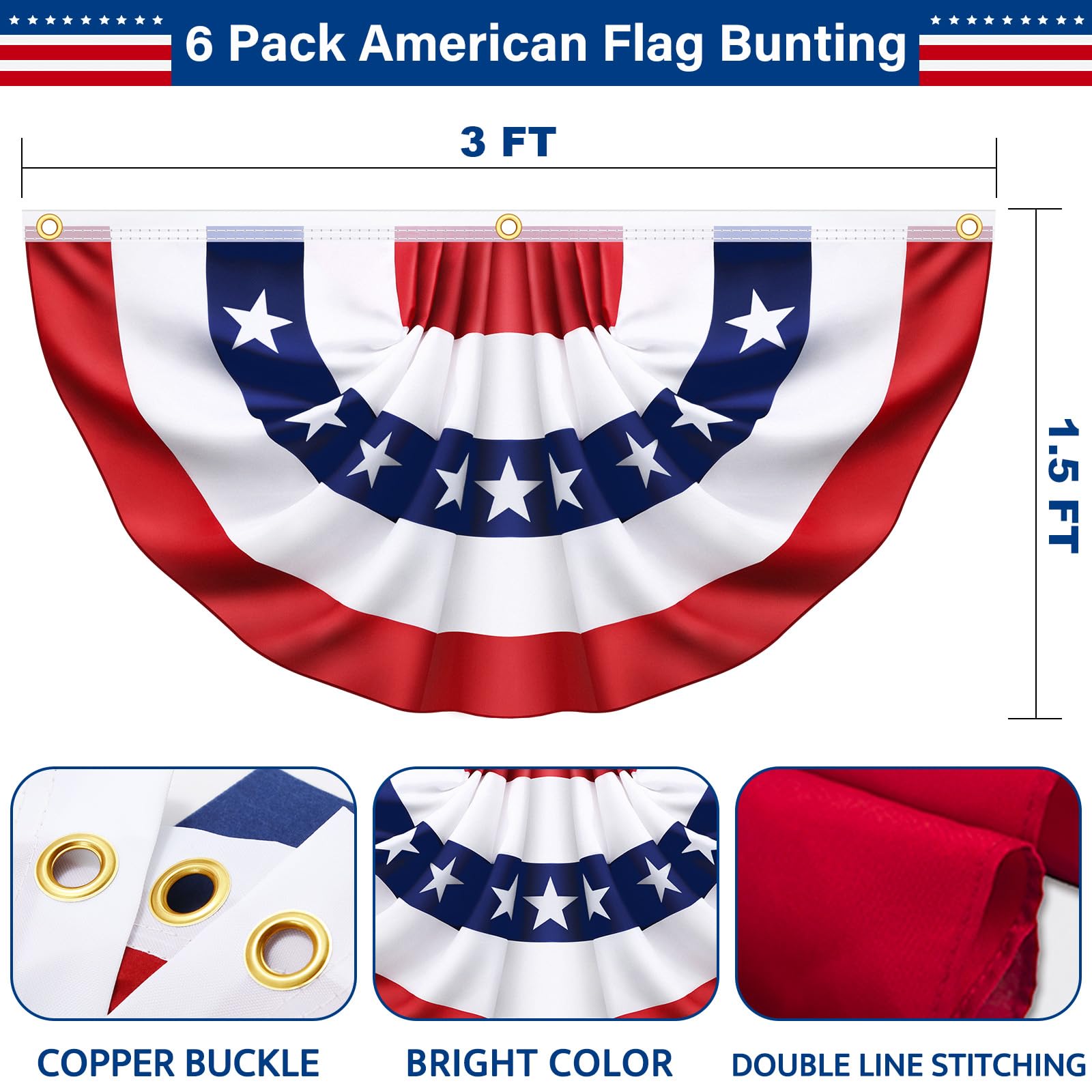 Lot de 6 fanions plissés américains - 1,5 x 0,9 m - 100 % polyester - Fabriqué en Chine - Bannière patriotique américaine pour l'extérieur - Rouge, blanc et bleu - Décoration commémorative du 4