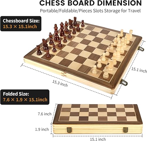 Miniatura 7 de LEAP Juego de ajedrez magnético de madera de 15 pulgadas, tablero de ajedrez plegable de 3 pulgadas, juego de ajedrez de viaje, juego de tablero de
