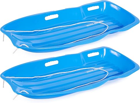 Slippery Racer Downhill Xtreme Flexible Adults and Kids Plastic Toboggan Snow Sled for Up to 2 Riders with Pull Rope, 2 Pack Blue/Blue