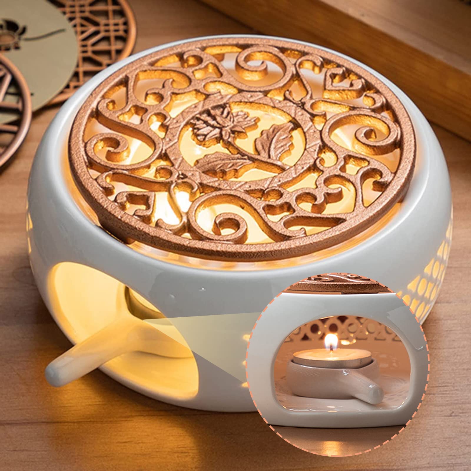 Chauffe-théière En Céramique - Réchaud à Bougie Pour Maintenir Thé Ou Café Au Chaud - Design Blanc épuré - Diamètre 15 Cm