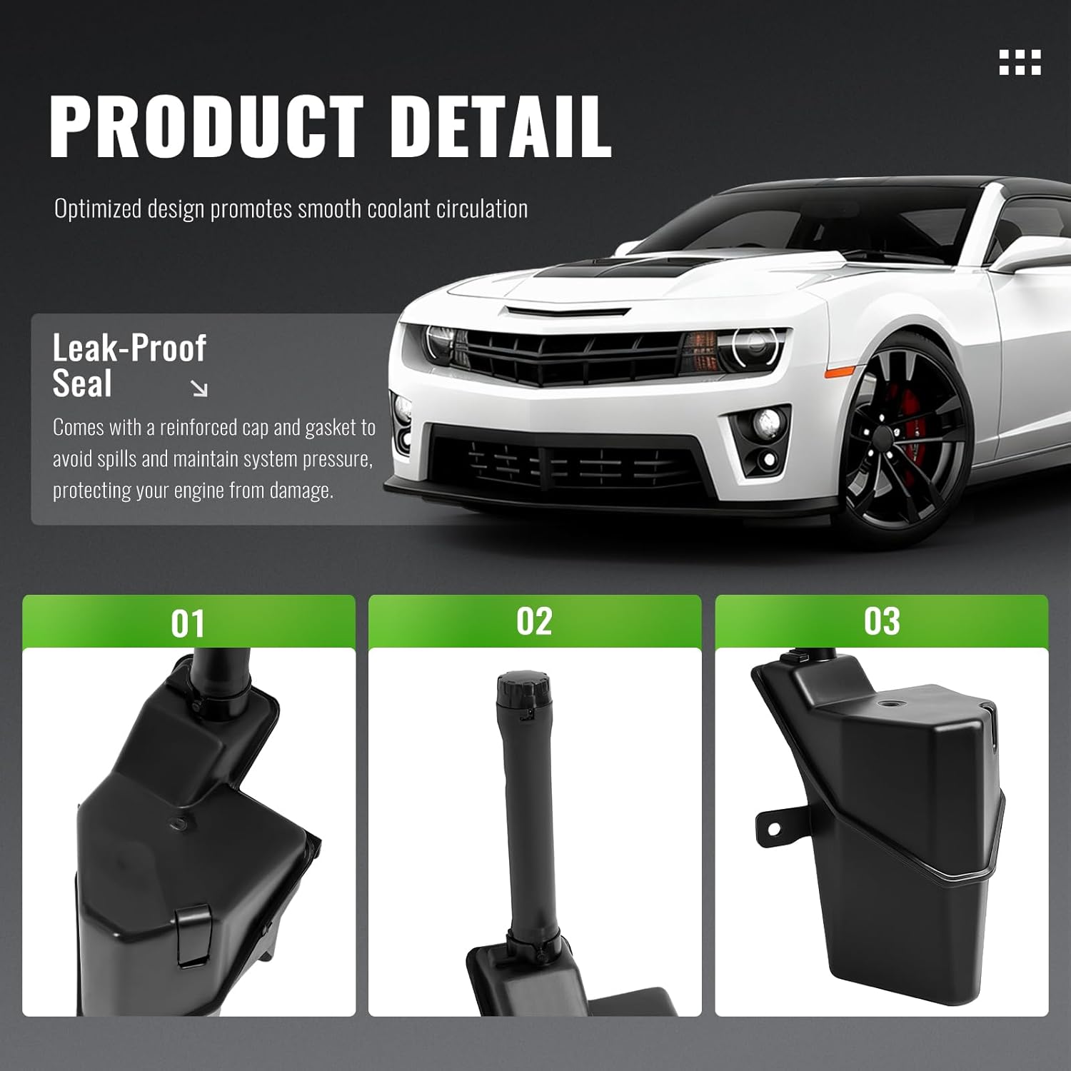 Coolant Reservoir Compatible with 2010-2015 Chevrolet Camaro 3.6L V6/6.2L V8 Replacement for GM3014172 22902563 Radiator Recovery Tank PP Plastic Black