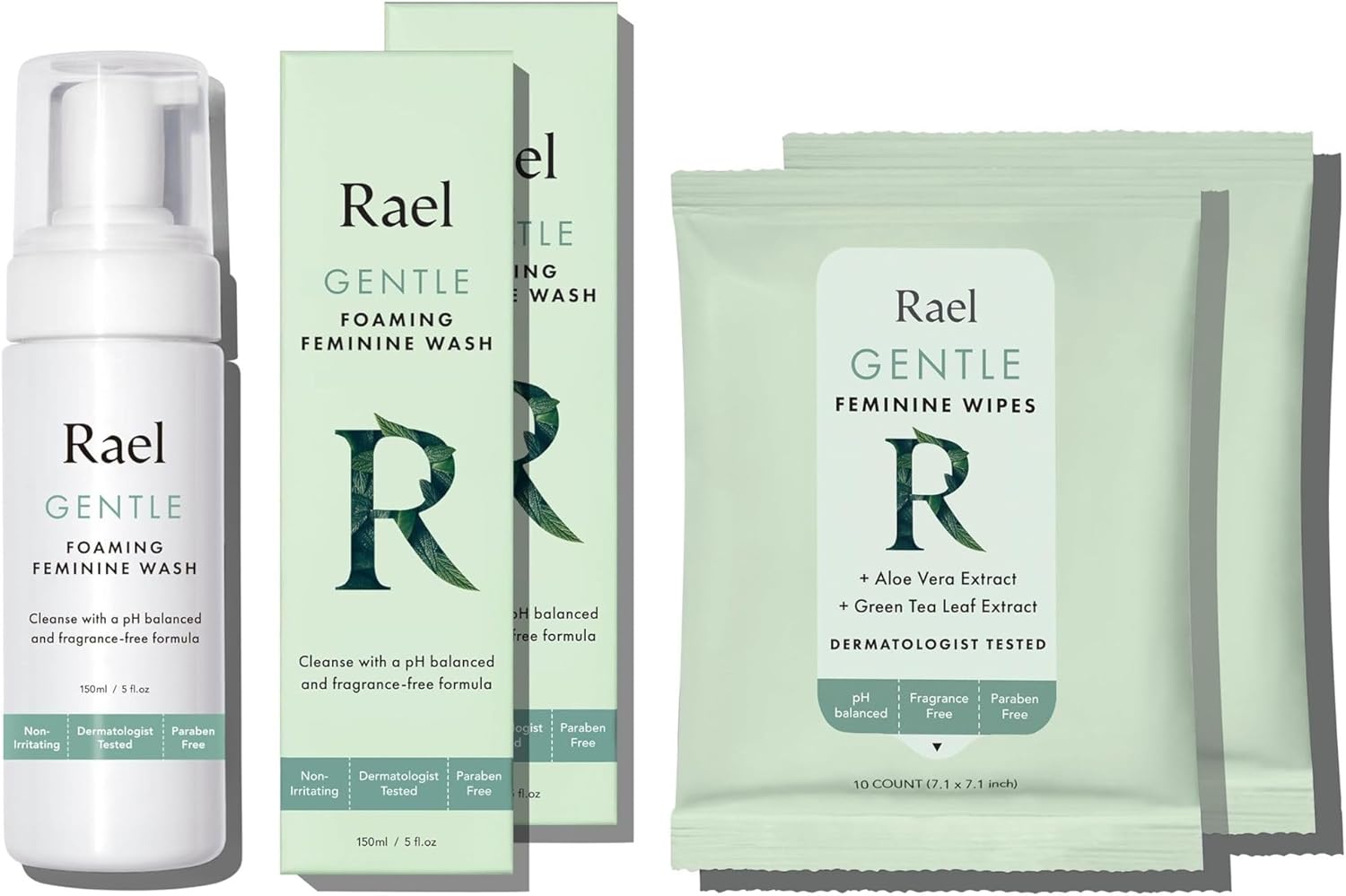Rael Feminine Care Wash & Wipes Bundle - pH-Balance, Artificial Fragrances Free, Vegan, Cruelty-Free/Foaming Feminine Cleansing Wash (5oz, 2 Pack) & Flushable Feminine Wipes (10 Count, Pack of 2)