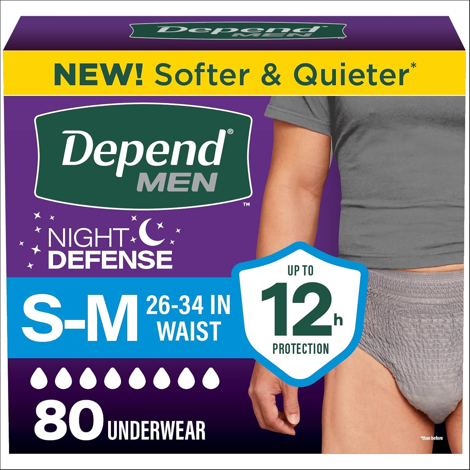 Depend Night Defense Adult Diapers, Incontinence Underwear for Men, Disposable, Overnight, Small/Medium, Grey, 80 Count, Packaging May Vary