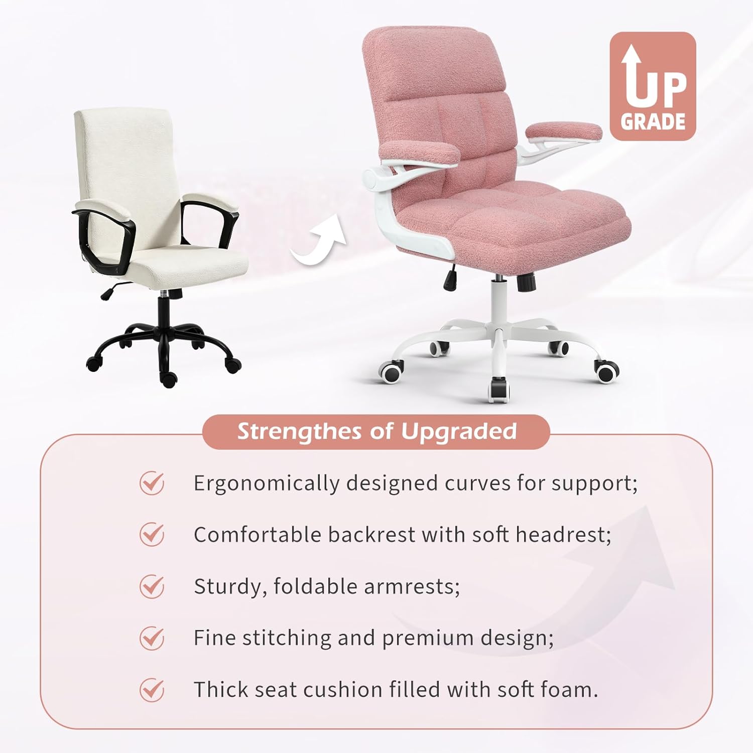 Office Chair with Wheels, Ergonomic Computer Desk Chair with Flip-up Armrest, Adjustable Rolling Swivel Chair Teddy Fleece – Dusty Pink