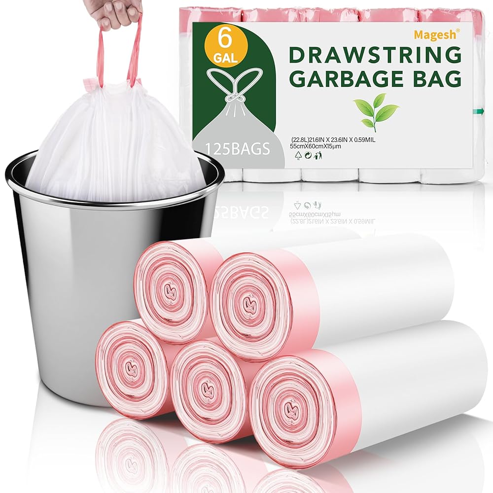 6 Gallon Trash Bags Drawstring Unscented - White Medium Kitchen Garbage Bags Plastic 125 Count 22.5 Liter Recycling Office Bathroom Waste Basket Liners Strong Thick Bulk Magesh