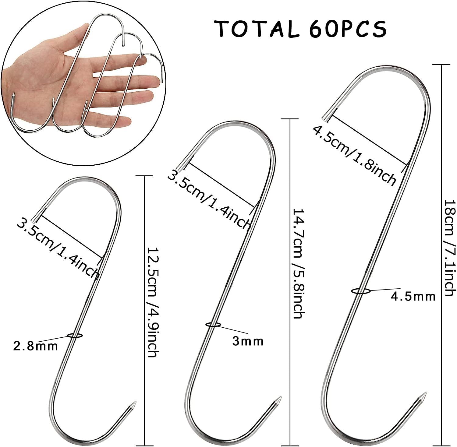 60PCS 5inch 6inch 7inch Meat Hooks for Hanging - Stainless Steel Meat Hooks for Smoker - Butchering Smoking Hanging Hook for Beef, Meat, Drying, BBQ, Grilling Sausage Chicken