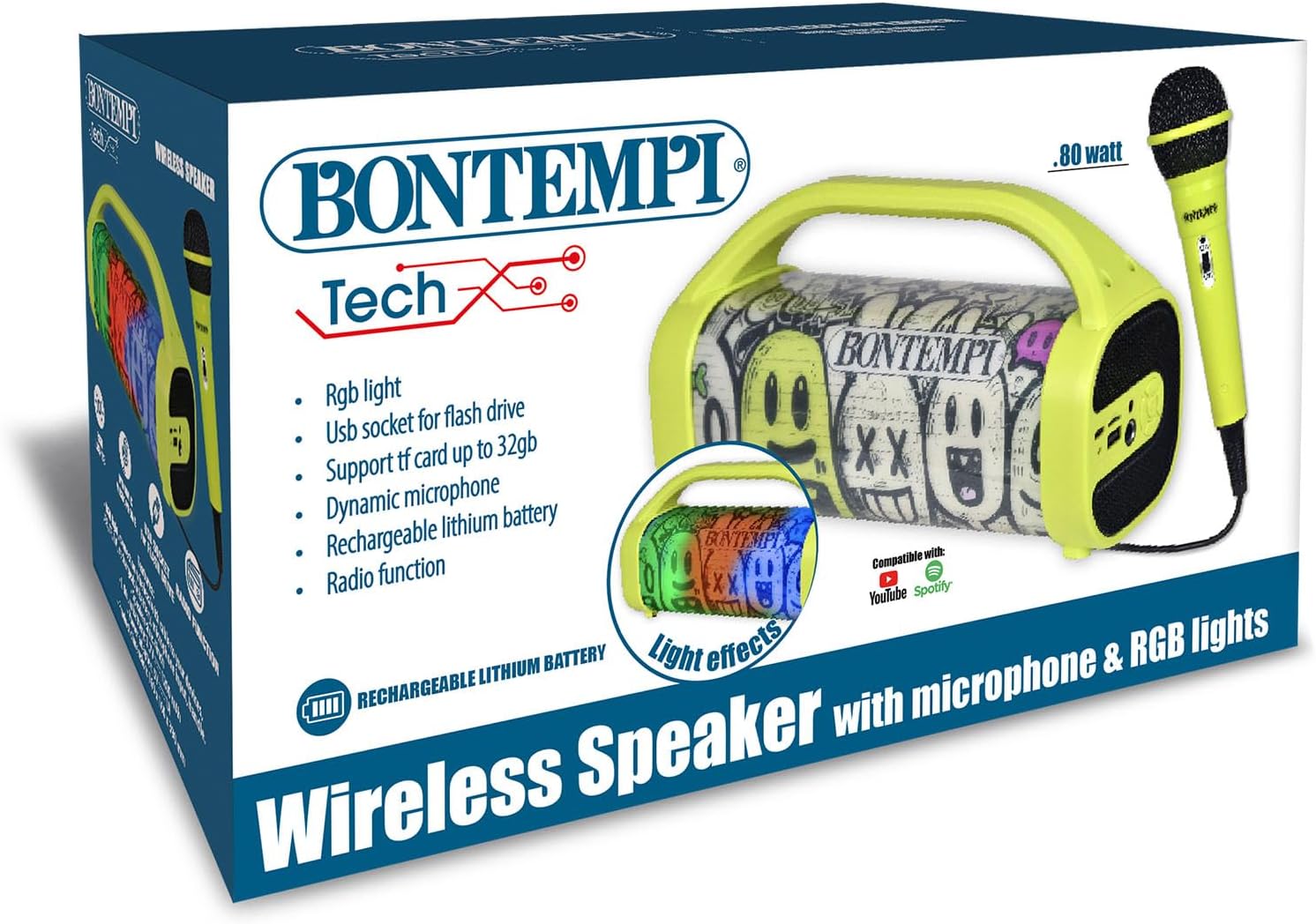 BONTEMPI - Wireless Acoustic Speaker with Microphone and RGB Lights Radio Function USB Type-C Connection Charging Lithium Battery 250x130x90mm
