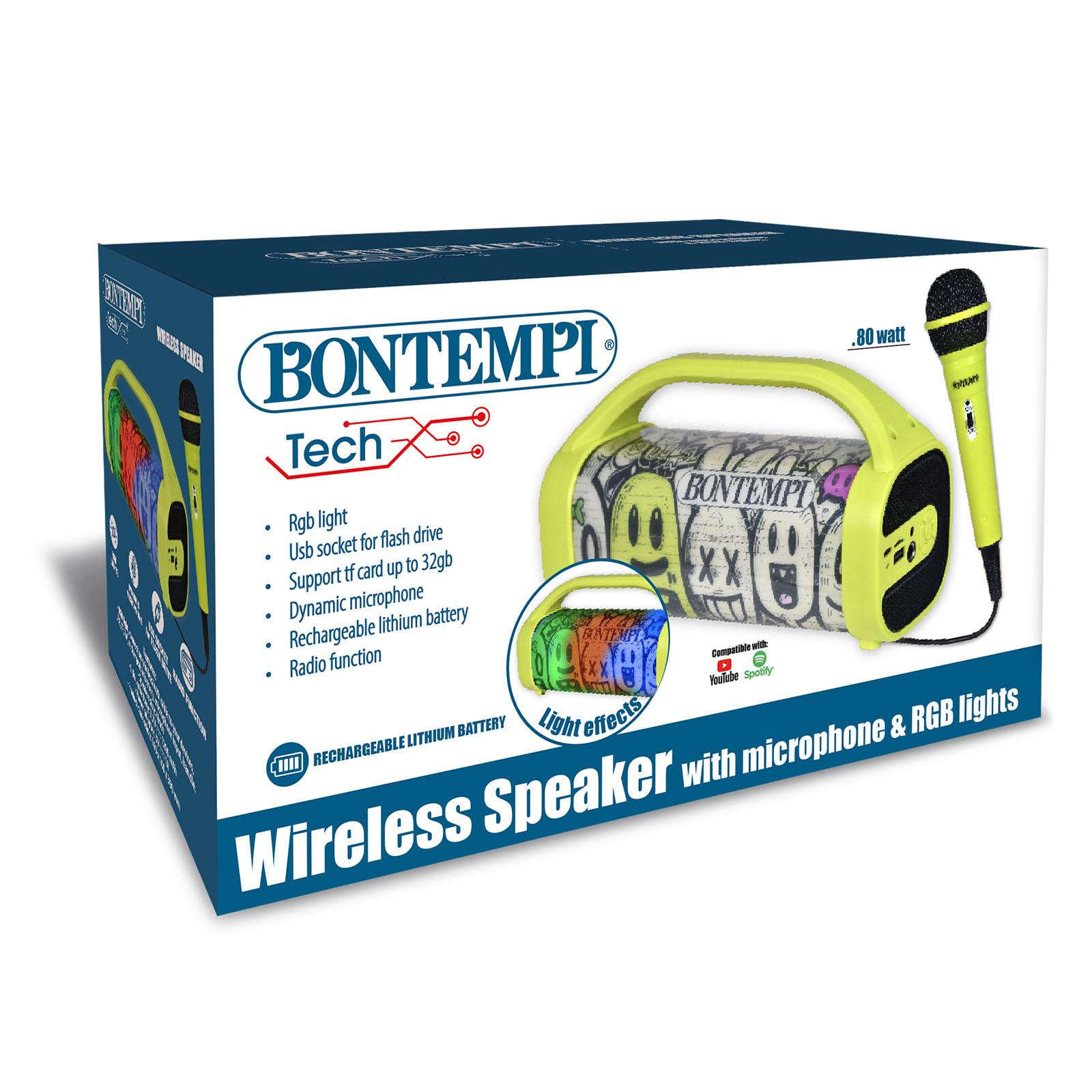 Bontempi | Cassa Wireless con Microfono e Luci RGB, Connessione USB Tipo-C, 25x21.5x9 cm