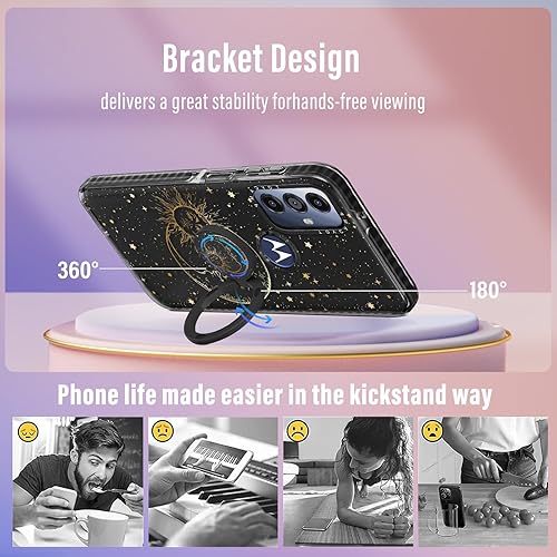 Miniatura 3 de Toycamp Funda de teléfono para Moto G PureG Power 2022G Play 2023 con soporte para anillo, linda funda con estampado de purpurina de sol y luna para