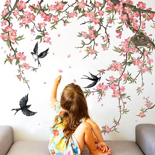 Miniatura 3 de Runtoo Calcomanías de pared de flores de cerezo, calcomanías de pared de flores rosas, ramas de árbol, pájaros, decoración de pared para sala de