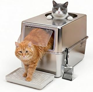 Katzenklo Edelstahl XXL mit Deckel – Katzenklo mit Frontklappe & Top-Einstieg – 38L Katzentoilette Edelstahl – 60x41,5x40 cm – Leicht zu Reinigen & Geruchsresistent mit Streufang-Stufe