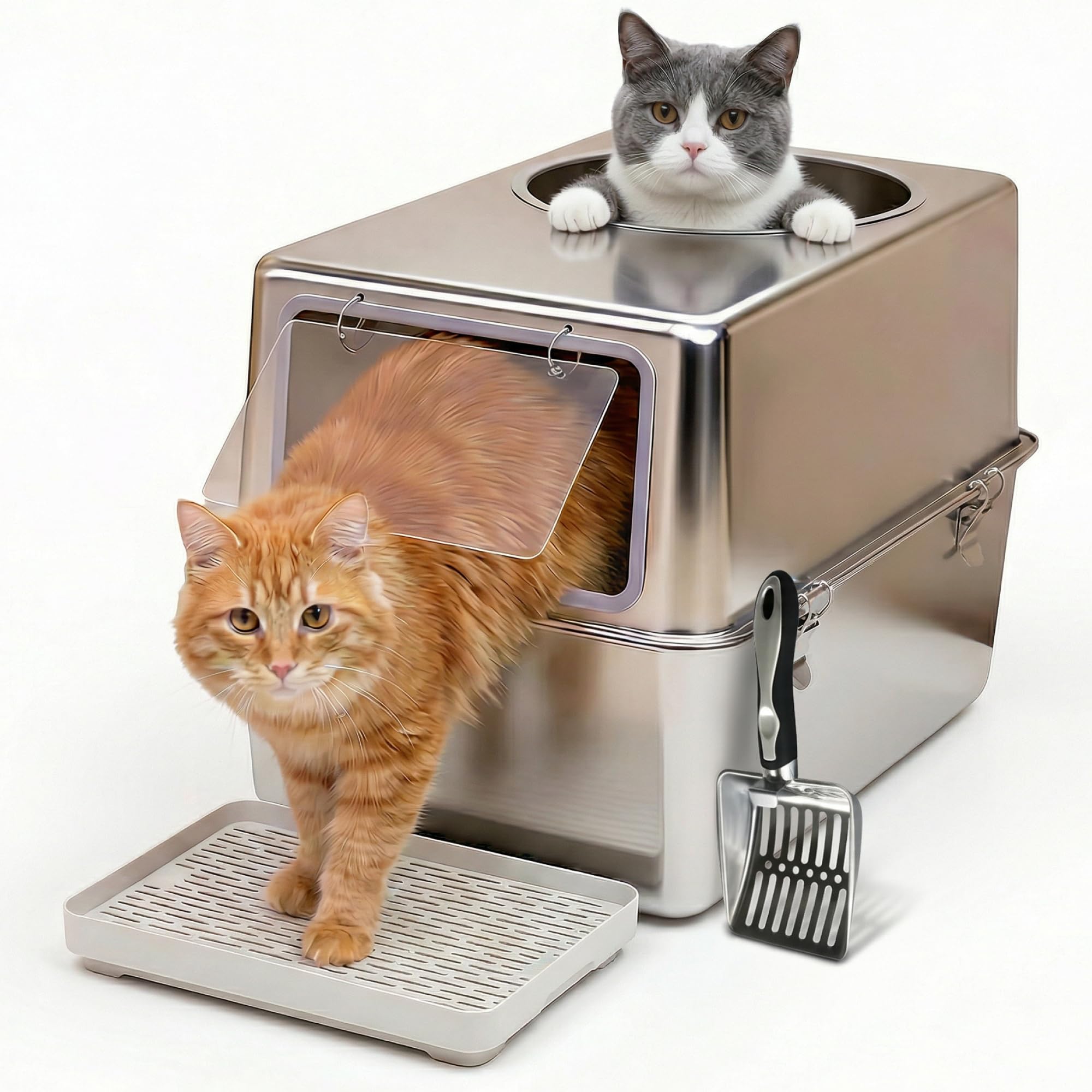 Katzenklo Edelstahl XXL mit Deckel – Katzenklo mit Frontklappe & Top-Einstieg – 38L Katzentoilette Edelstahl – 60x41,5x40 cm – Leicht zu Reinigen & Geruchsresistent mit Streufang-Stufe