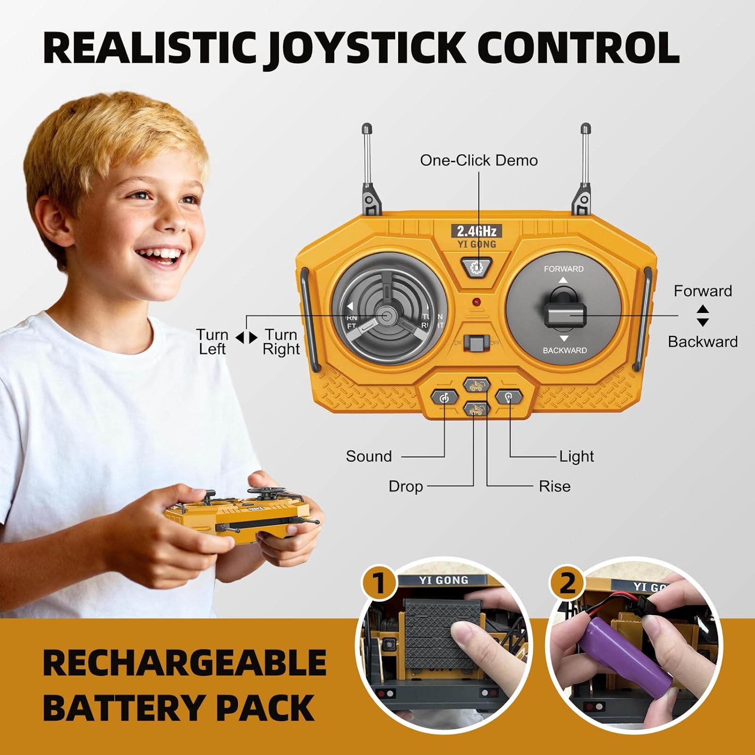 9-Channel RC Dump Truck Toy, 2.4GHz Remote Control Truck with Metal Bed, Light & Sound, ​2 Rechargeable Batteries, Construction Vehicle for Kids Boys Girls Ages 3-12