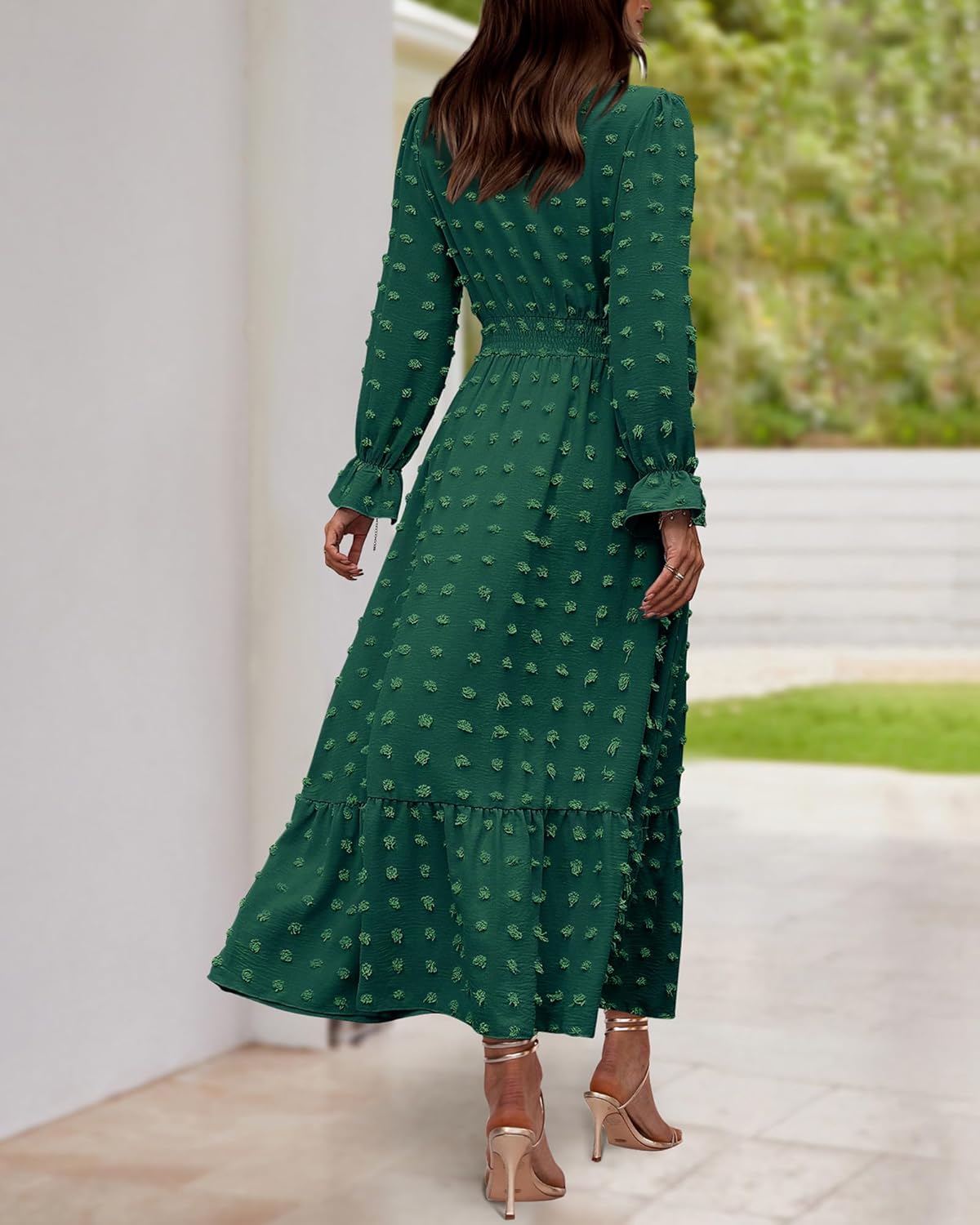 BTFBM Women Spring Maxi Dresses 2026 Long Sleeve V Neck Swiss Dots High Waisted A-Line Ruffle Boho Long Dress Vacation - Image 6