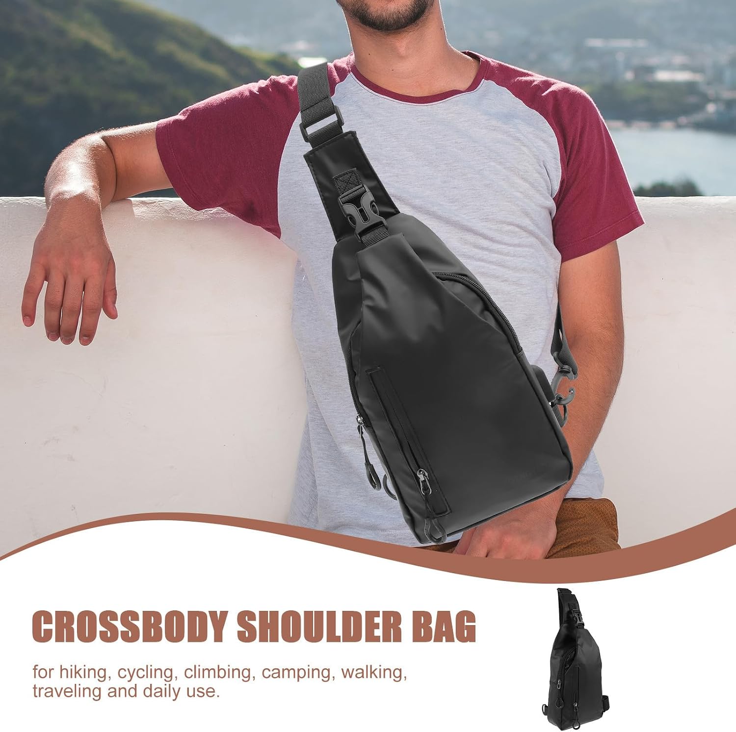 Ciieeo Black Sling Chest Bag, Polyester Cross Body Backpack for Hiking