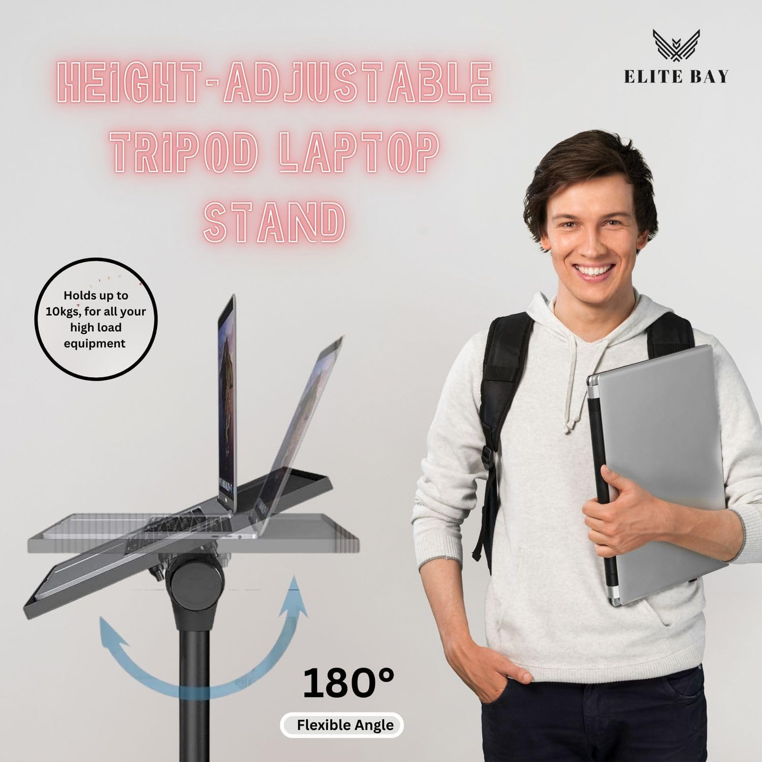 Adjustable Laptop Stand Tripod with Tray & Phone Mount – Heavy-Duty Alloy Tripod with 40.7x27.6cm Platform | Height Adjustable 0.65–1.6m | 15kg Load Capacity | Portable & Foldable