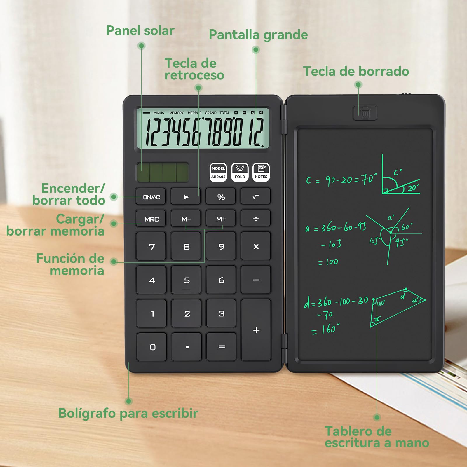 NEWYES Calculator, with Writing Tablet and Pen, Solar & Battery Powered, Suitable for Students, Families, Offices (Black)