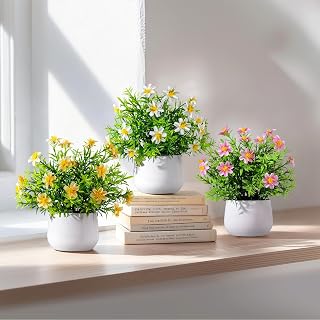 3 Pack Small Fake Plants Artificial Potted Flowers for Indoor Mini Faux Plants with Flowers Greenery for Home Decor Living Room Bathroom Bedroom Office Table Shelf (White+Pink+Yellow)