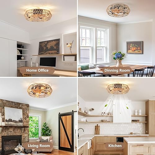 Miniatura 8 de Boho Ceiling Fan with Light Rattan Caged Ceiling Fan Low Profile Fandelier Fan Flush Mount Ceiling Fans Retractable Ceiling Fan with Light for