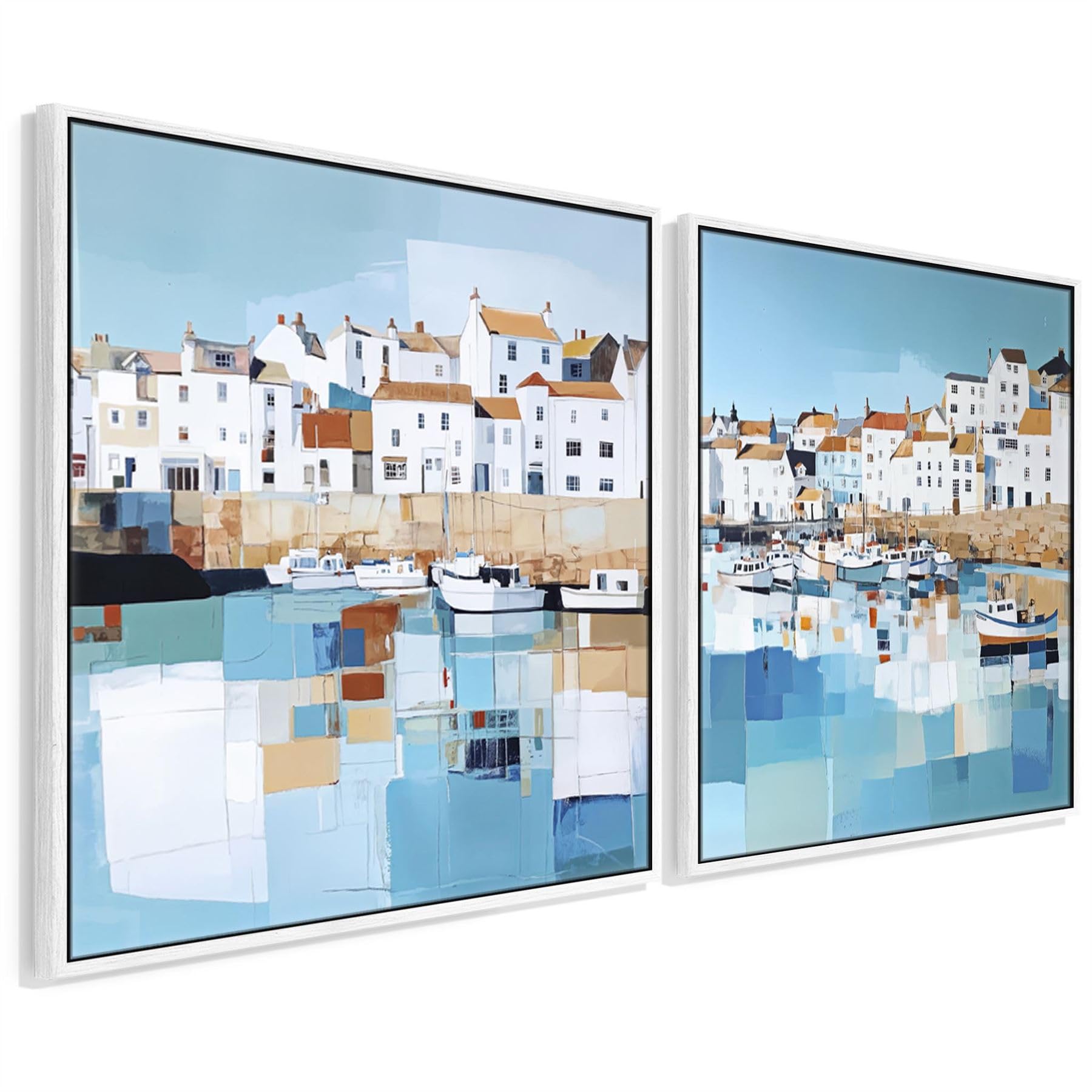 Wallfillers Extra Large Cornwall Harbour Framed Wall Art - Coastal Set of 2 Canvases in Blue (209cm x 99.5cm)