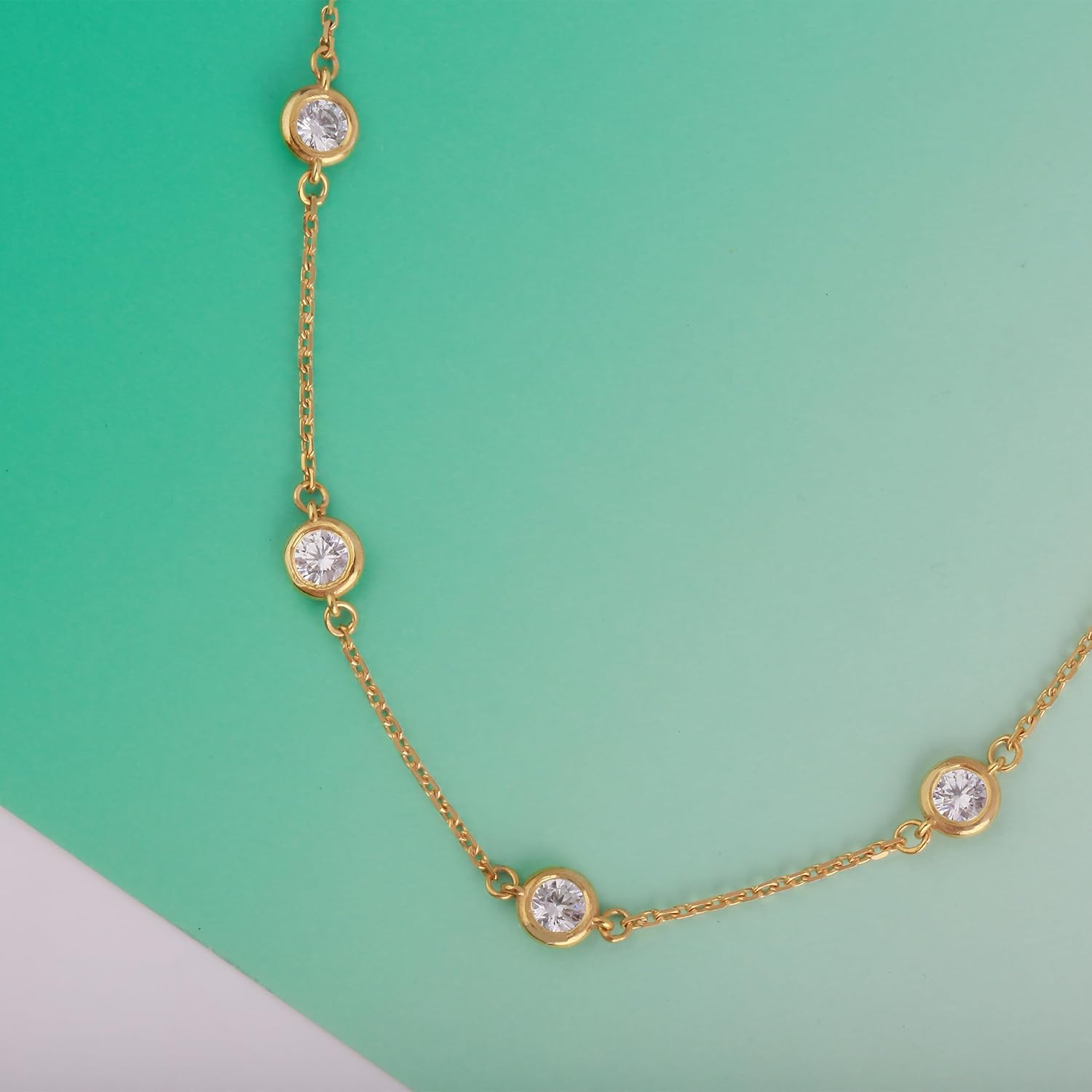 14K 18K Solid Gold Diamond By The Yard Station Solitaire Necklace | Bezel Set Choker | Bridal & Everyday Jewelry | Cubic Zirconia or Diamond Options