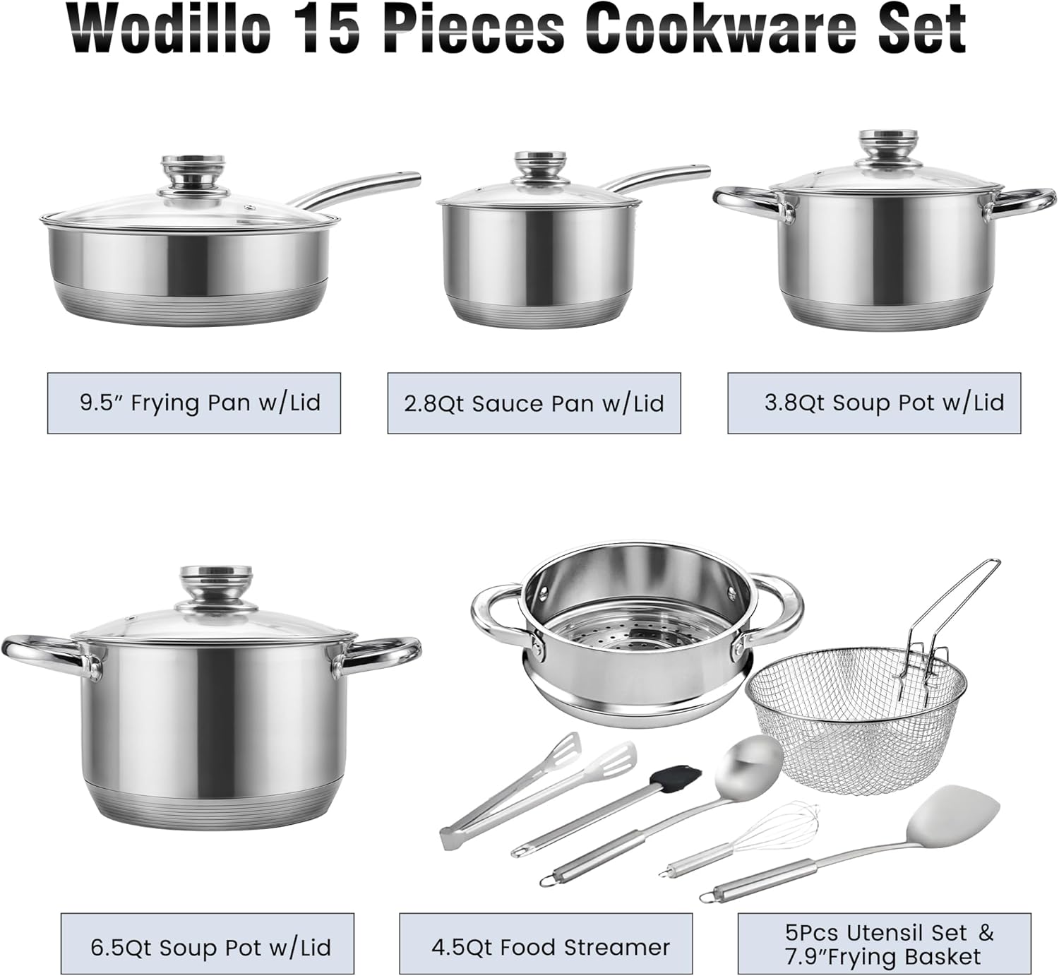 Wodillo 15-Piece Cookware Set,Stainless Steel Pots and Pans Set, Nonstick Frying Pans, Sauce pan, Food Streamer & Soup Pots with Multi-Ply Designed Bottom, Induction Compatible