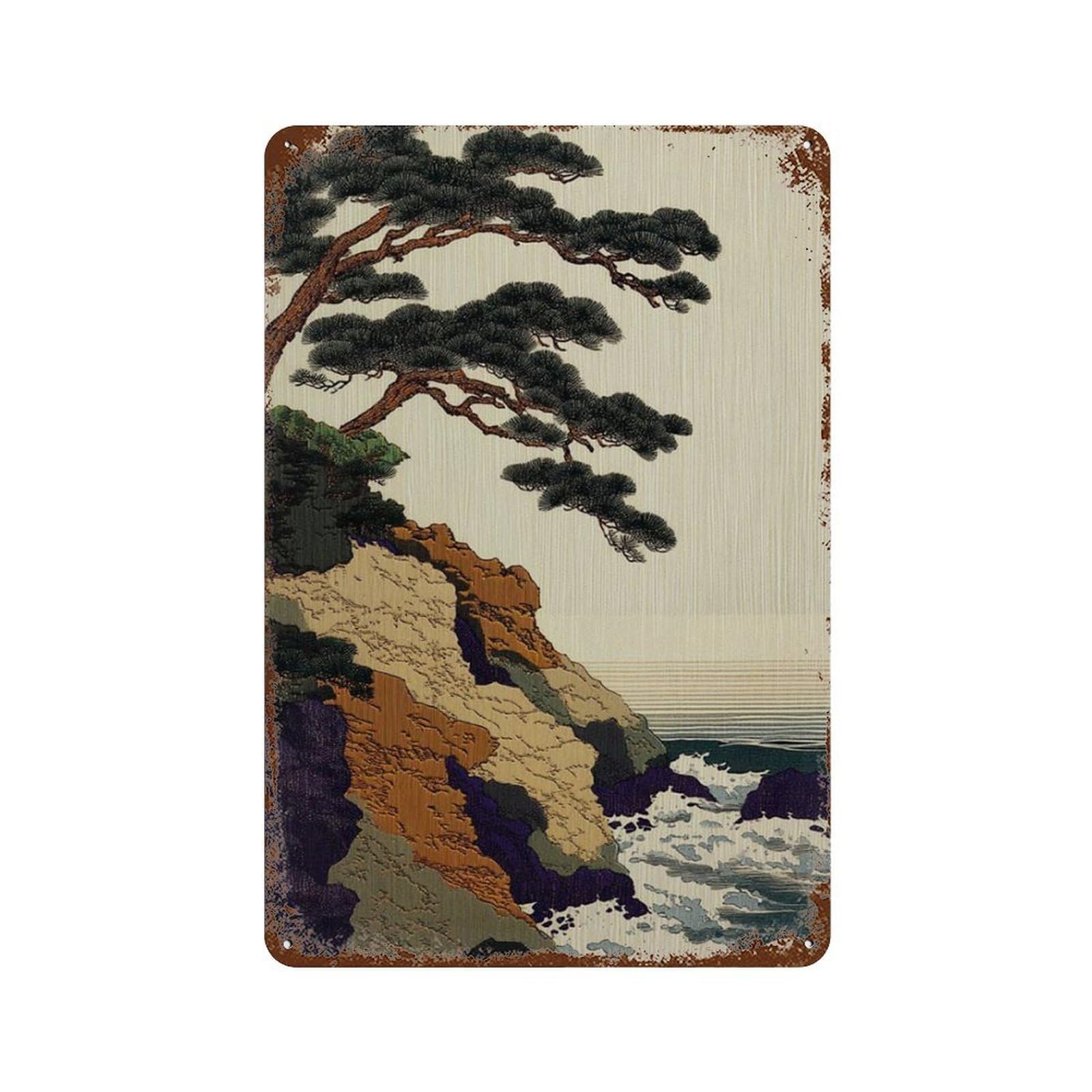xiaoxiaoshen Japanese Pine Tree Woodblock Minimalist Asian Landscape Wall Decor Art Metal Tin Poster Modern Home Decor Art Home Bar Shop Decorations Vintage Sign 30x20cm