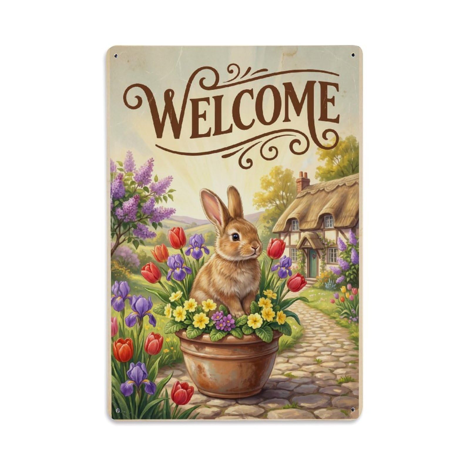 Cxhjca 8X12inch(20X30cm) Vintage Welcome Rabbit Farmhouse Metal Tin Sign