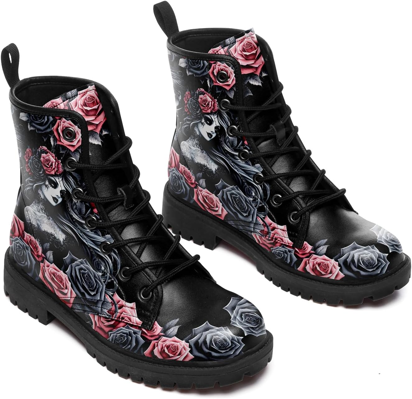 Women's Combat Ankle Boots, Heart Print Fashion Short Booties Rose and Skull Durable Lace-Up Work Boots, Gift For Her Lover - Image 3